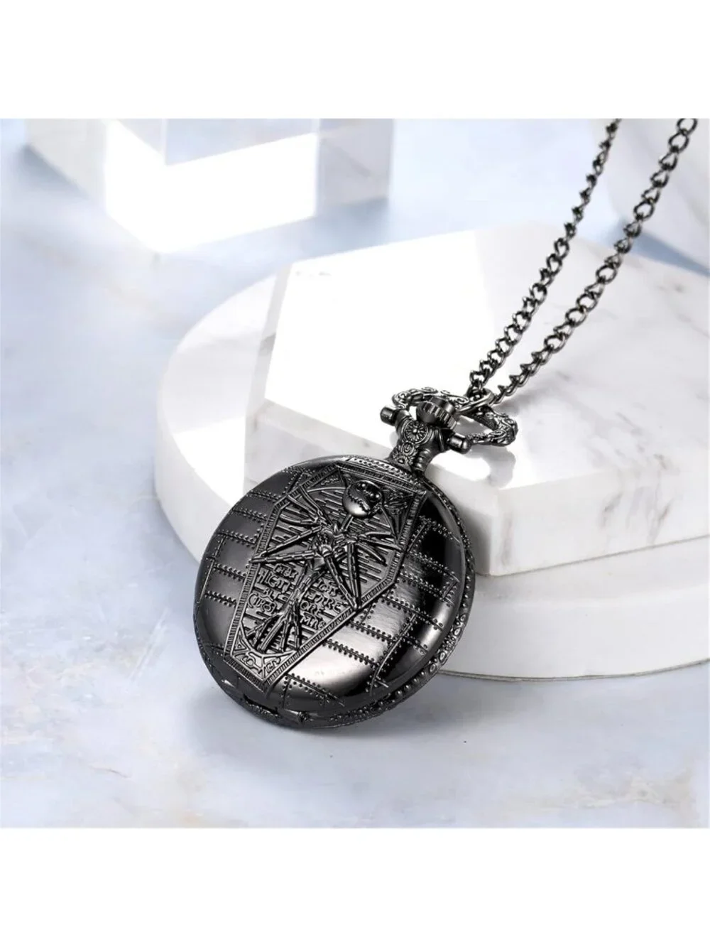 Men's Black Quartz Vintage Novelty Skull Skeleton Christmas Round Pocket Watch